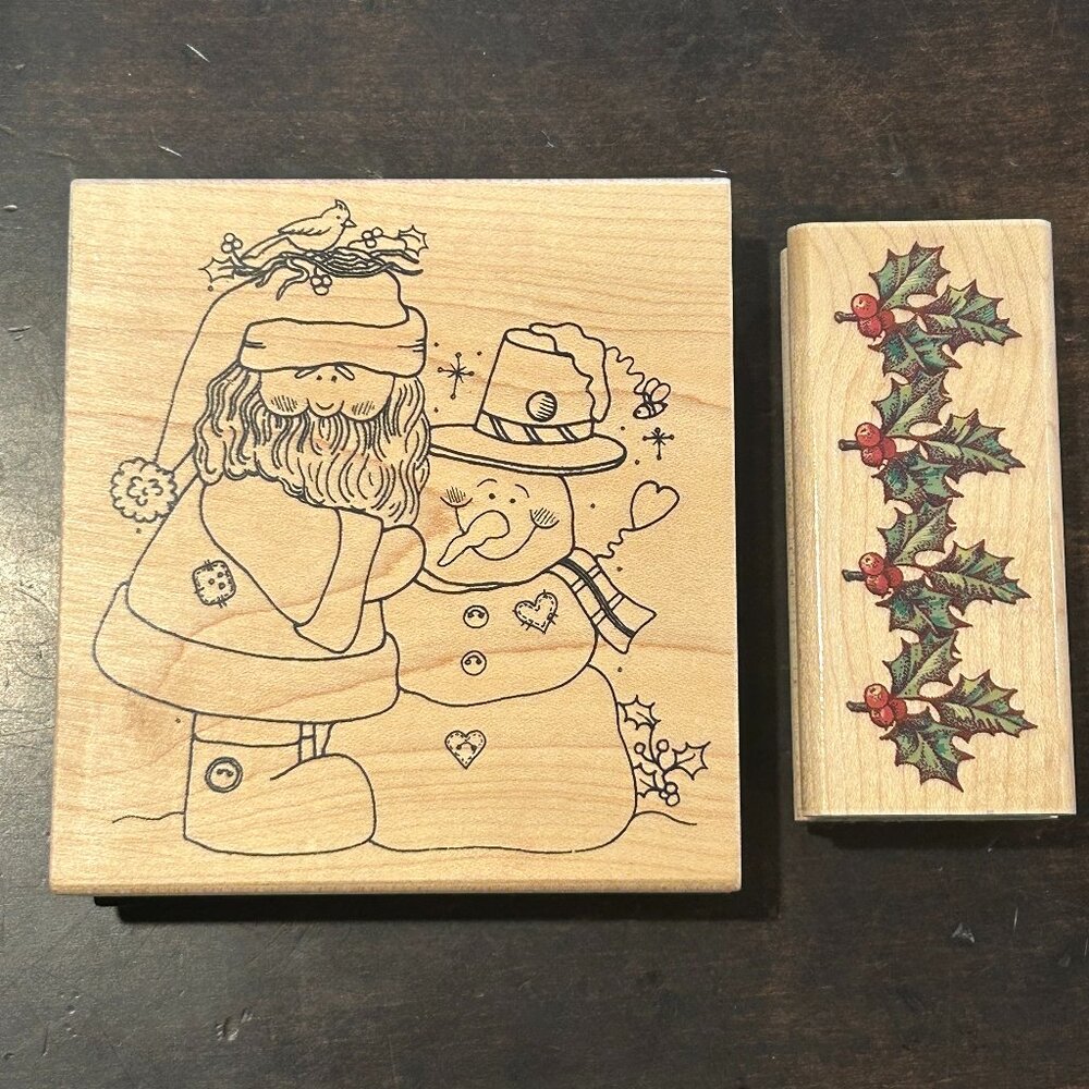 Christmas Rubber Stamps - Santa & Snowman, Holly Border